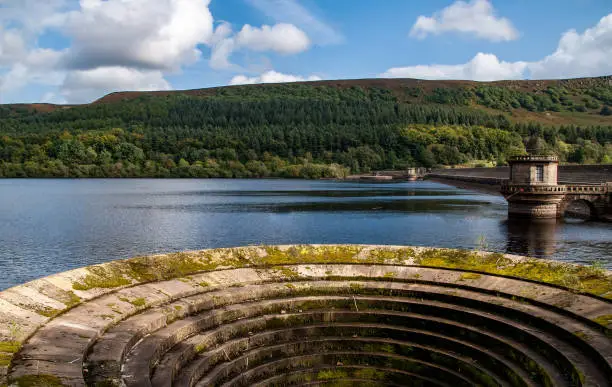 View across the plug holes at Ladybower Dam at Hathersage