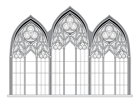 Black and white drawing for coloring book. Gothic stained glass window from French church. Medieval architecture in western Europe. Educational page. Coloring page for children. Vector image.