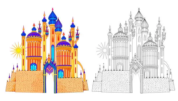 Vector illustration of Colorful and black and white template for coloring. Fantasy illustration of fabulous oriental palace. Ancient architecture. Worksheet for coloring book for children and adults. Flat cartoon vector.