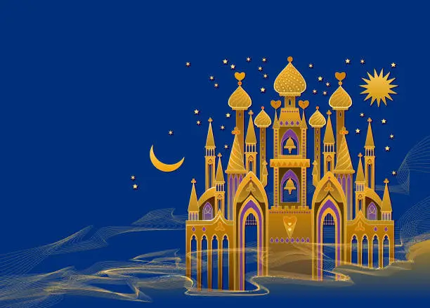 Vector illustration of Fabulous oriental kingdom. Illustration of fantasy fairy tale environment. Cover for kids book. Background for computer game, mural wallpaper, decoration, theatrical scenery. Vector drawing.