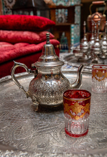 Moroccan Arabic Tea coffee set at Marrakech Bazaar Shop with kettle at Medina Souk market