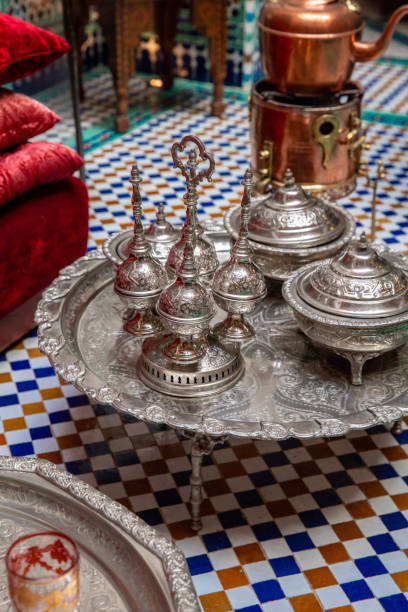 istock Moroccan Arabic Tea coffee set at Marrakech Bazaar Shop with kettle at Medina Souk market 1701138521
