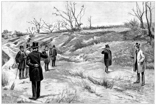Two men about to take part in a duel with pistols in a rural setting, while a group of men - comprising ‘seconds’, probably a doctor and various friends - looks on. From “Harper’s New Monthly Magazine” vol. 0074, issue 442, March 1887. 