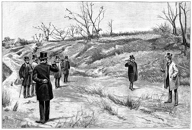 Two men with pistols in the open air Two men about to take part in a duel with pistols in a rural setting, while a group of men - comprising ‘seconds’, probably a doctor and various friends - looks on. From “Harper’s New Monthly Magazine” vol. 0074, issue 442, March 1887.  dueling stock illustrations