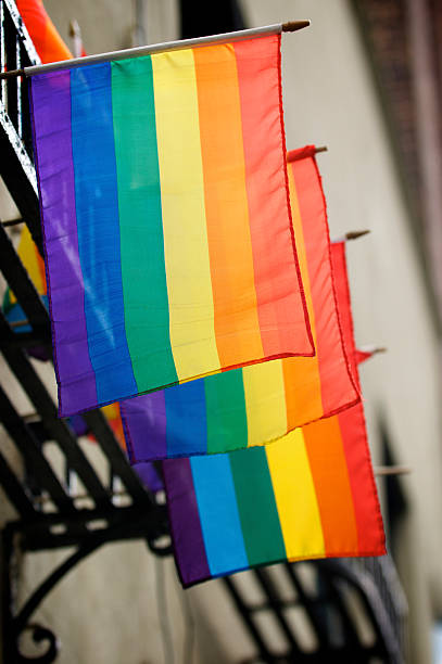 istock Gay Pride Rainbow Flags Hang in a Row 170115062