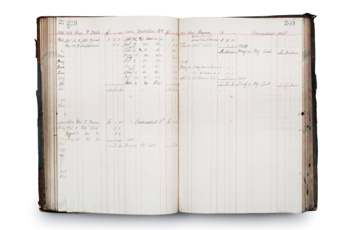 An old, leather  accounts ledger, dating from the early twentieth century, isolated on white.