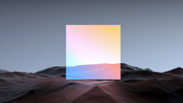 istock Neon glowing square on a rocky mountain surface, futuristic abstract landscape, minimal. Bright glowing neon square on mountain rocks, wallpaper. 3D render 1701179226