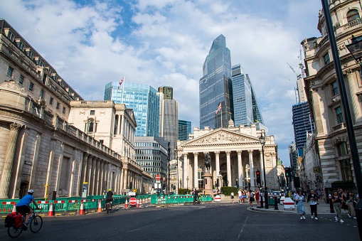 London, United Kingdom - September 16, 2023: Bank Station with Royal Exchange and high rises of the City of London in the background