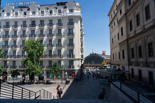 Hotel Mediodia in the square at the entrance to the Reina Sofía museum in the Spanish capital. Madrid Spain. July 27, 2023