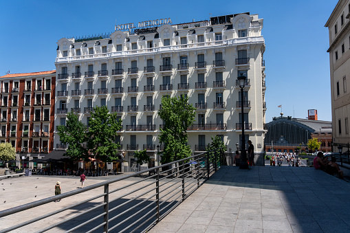 Hotel Mediodia in the Plaza de Juan Goytisolo on a sunny summer day. Madrid. Spain. July 27, 2023.