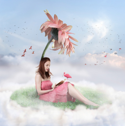 Girl reading book under the flower floating on the clouds. Photo compilation.