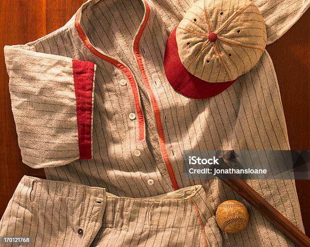 Oldtime Wool Baseball Uniform With Cap Pants And Bat Stock Photo - Download Image Now