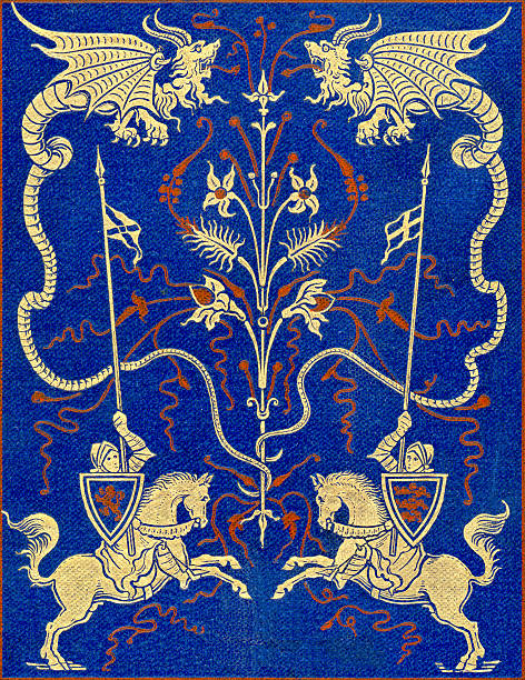 Vintage colour lithograph showing knights and dragons