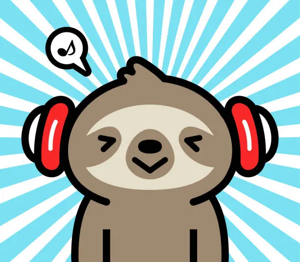 Vector illustration of Cute character design of a little sloth wearing headphones