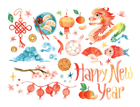 Watercolor clipart with Chinese dragon, food, Chines new year lettering, paper lanterns. fan, cloud, symbols