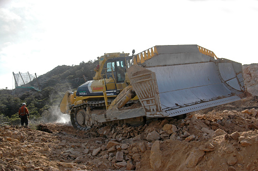 Westport, New Zealand, August 15, 2007: World's biggest bulldozer ripping overburden at Stockton Coal Mine, West Coast, South Island, New Zealand