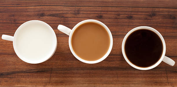 Coffee and milk cups Three cups next to each other containing milk and coffee black coffee from above stock pictures, royalty-free photos & images