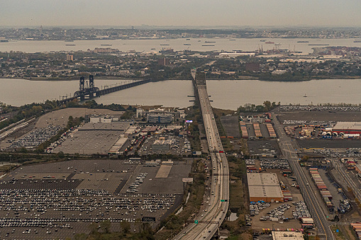 Newark, New Jersey, USA - Aerial view of the Newark Bay Bridge and the CSX New Jersey Transit Railroad Bridge across the Hudson River