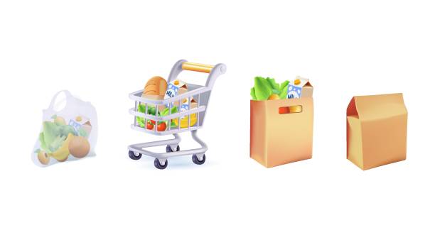 istock 3D Shopping bags and baskets vector illustrations set. 3D Grocery purchases, paper and plastic packages, turtle bags 1701283135