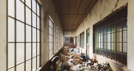 Abandoned dirty hallway. 3D generated image.