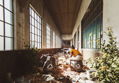 Abandoned dirty hallway with woman sitting. 3D generated image.