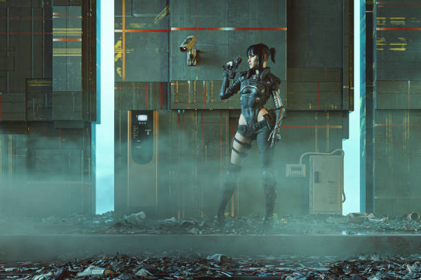 istock Futuristic street with standing mercenary 1701296515