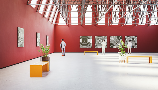 Modern art gallery with people. 3D generated image. Wall artworks are my own images and are renders as well. Generic location and not based on any real gallery.