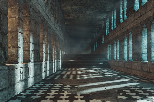 Old castle corridor. 3D generated image.