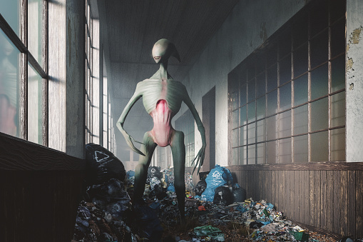 Alien creature waiting in ambush in abandoned old school corridor. 3D generated image.