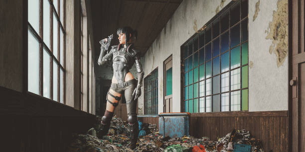 Futuristic mercenary waiting in abandoned old school corridor. 3D generated image.