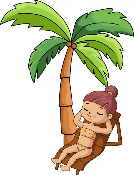 Vector illustration of Cute girl cartoon relaxing on beach chair