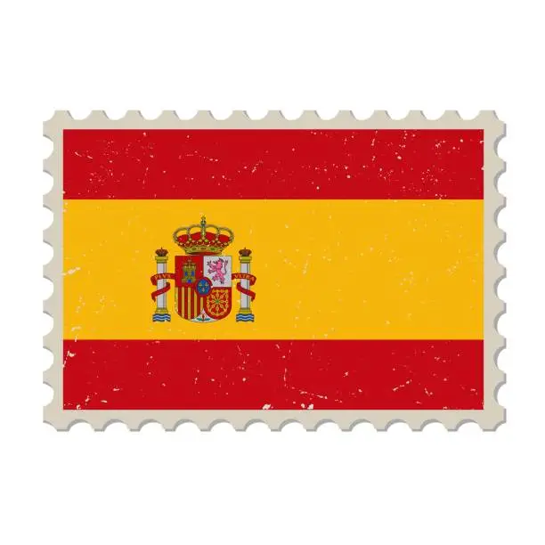 Vector illustration of Spain grunge postage stamp. Vintage postcard vector illustration with Spanish national flag isolated on white background. Retro style.