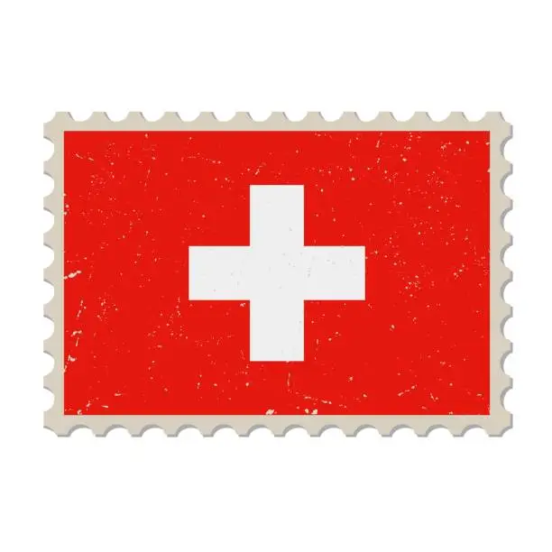 Vector illustration of Switzerland grunge postage stamp. Vintage postcard vector illustration with Swiss national flag isolated on white background. Retro style.