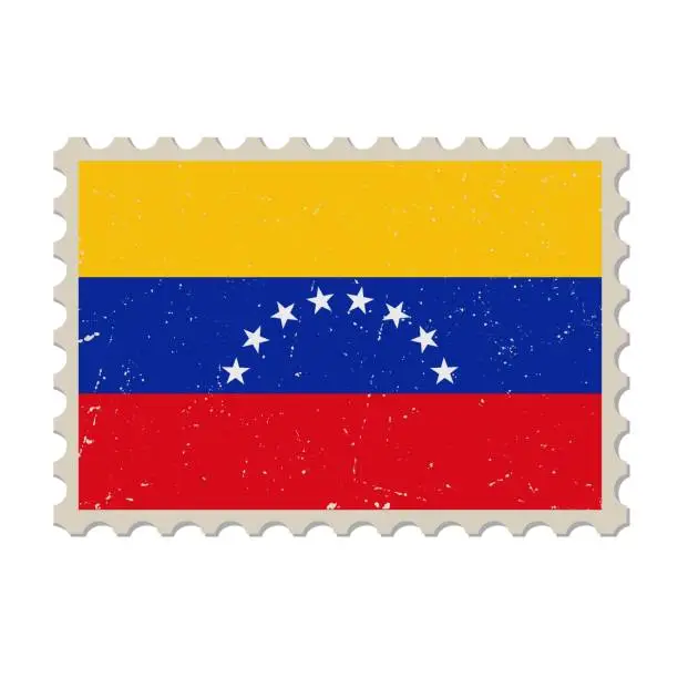 Vector illustration of Venezuela grunge postage stamp. Vintage postcard vector illustration with Venezuelan national flag isolated on white background. Retro style.