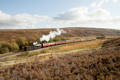 A steam train travelling along the North York Moors Railway, North Yorkshire, England.  The locomotive is pulling the carriages but is in the reverse (tender first) position.