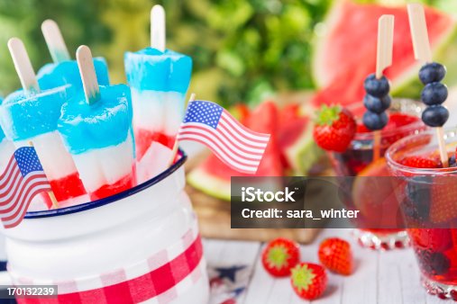 istock Red-white-and-blue popsicles on an outdoor table with summer drinks 170132239