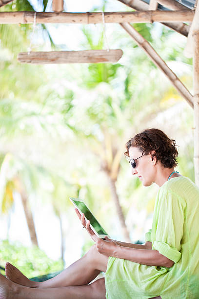 istock Woman with digital tablet in paradisiac beach. 170132853