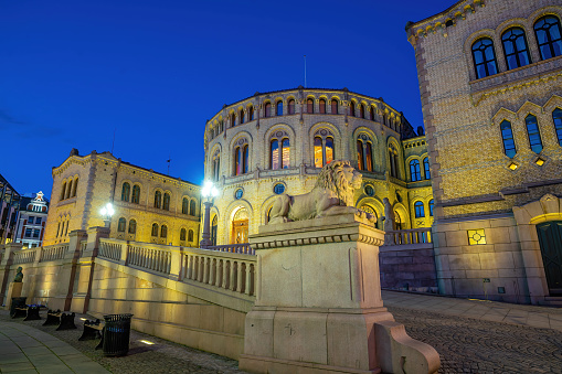 Night view of the norwegian parliament in Oslo, Europe