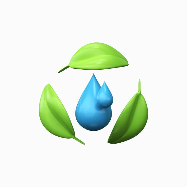 3D Water drops with recycling symbol. Conservation and processing of water.