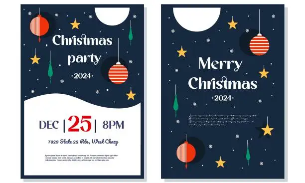 Vector illustration of Set of two Christmas party invitation templates and greeting card in red and blue with Christmas balls and text.