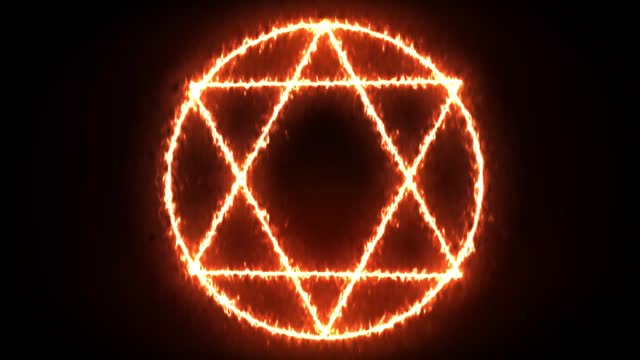 Six Pointed Star in the Circle Burning With fire Flame in dark background. Hexagram or Star of David Animation Intro opener.