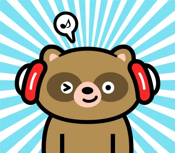 Vector illustration of Cute character design of a little raccoon wearing headphones