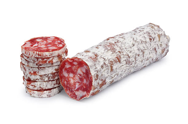 Sausage Dry cured sausage isolated on white. salami stock pictures, royalty-free photos & images