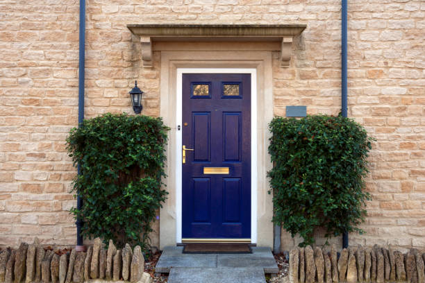 Front door Modern blue painted front door flanked by shrubs front door stock pictures, royalty-free photos & images