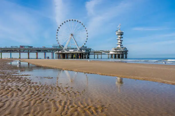 Scheveningen pier viewed from the sandy beach, The Hague, Netherlands