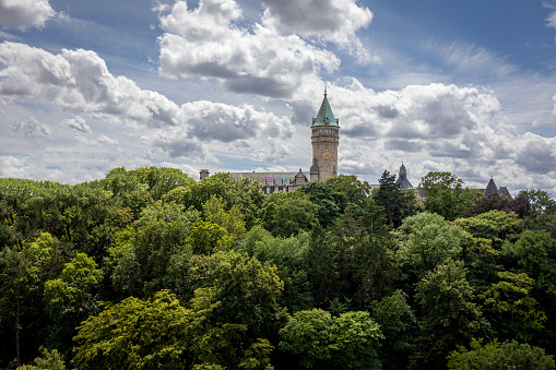 Luxembourg city, view of the city park called 'valley of the Petrusse' and in the background the beautiful building  at the location called 'place de metz'.