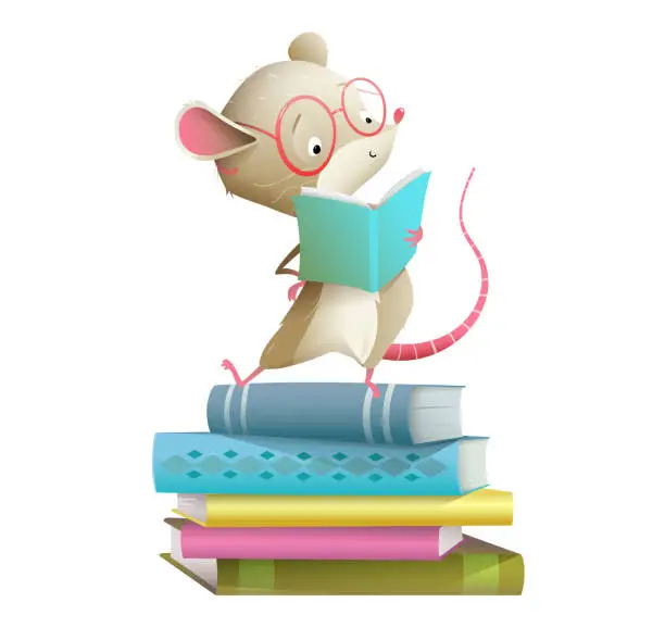 Vector illustration of Cute Baby Mouse Reading on Book Stack Kids Cartoon