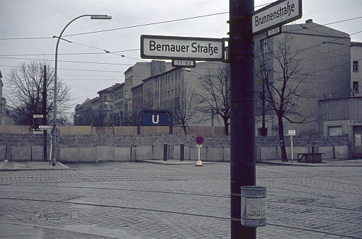 Berlin (West), Germany, 1965. The Berlin Wall (iron curtain) at Bernauer Str. corner Brunnenstr. seen from the west side of Berlin.