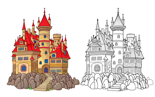 Colorful and black and white template for coloring. Fantasy illustration of a medieval French castle. Ancient architecture. Worksheet for coloring book for children and adults. Flat cartoon vector.