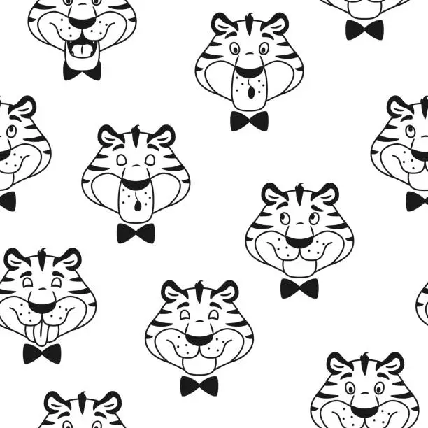 Vector illustration of Black and white outline tiger seamless pattern. Cute cartoon animal head in bow tie for kids coloring book page design. Wrapping paper fabric background repeat tile. Creative vector illustration.